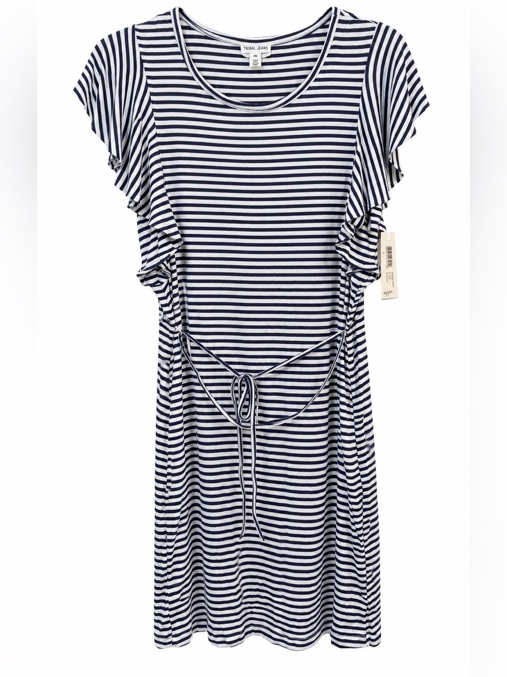 Tribal Jeans NWT Navy White Stripe Flutter Sleeve Tie Waist Dress PS